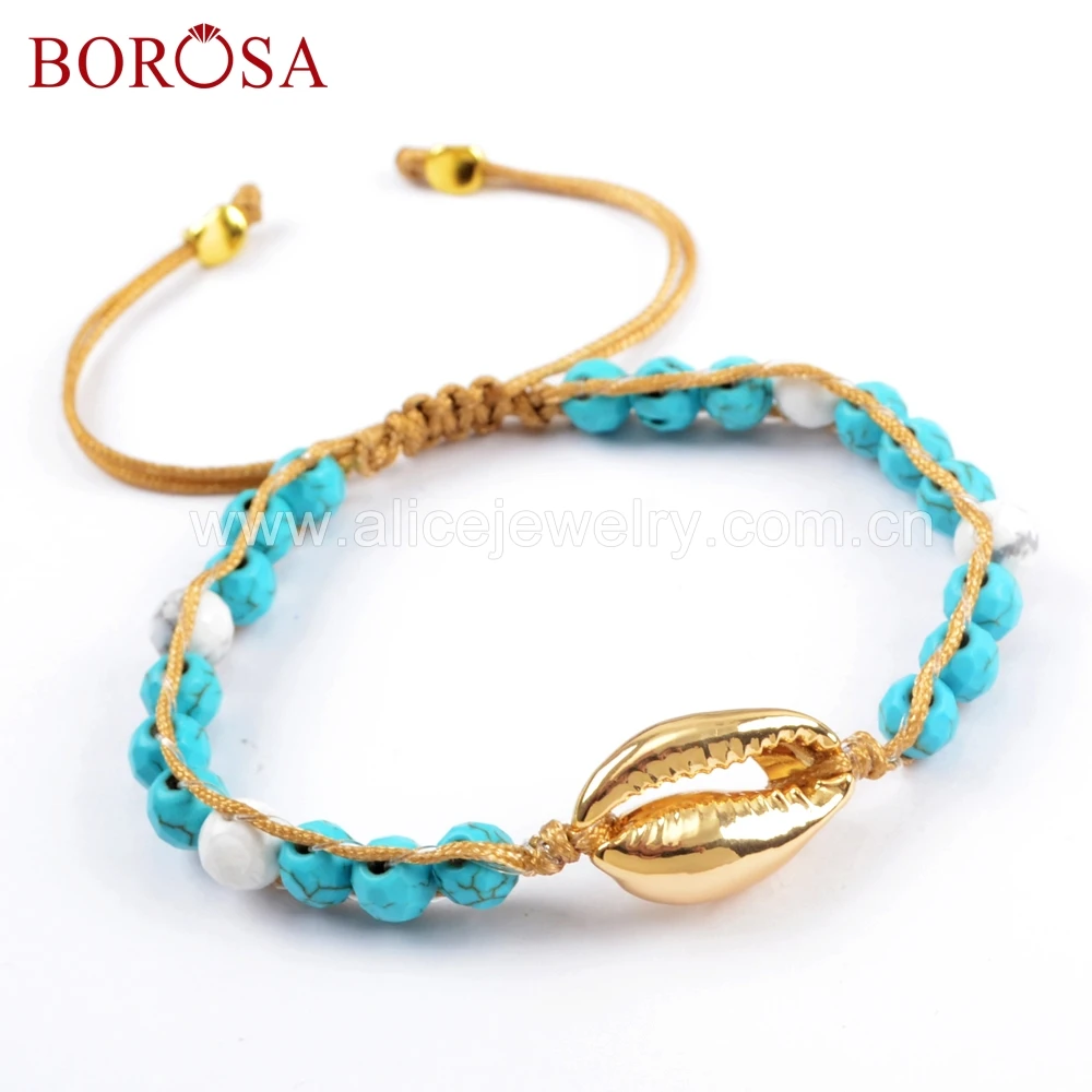 

BOROSA ручной работы, натуральная раковина, граненые бирюзовые бусины, регулируемый веревочный браслет HD0001