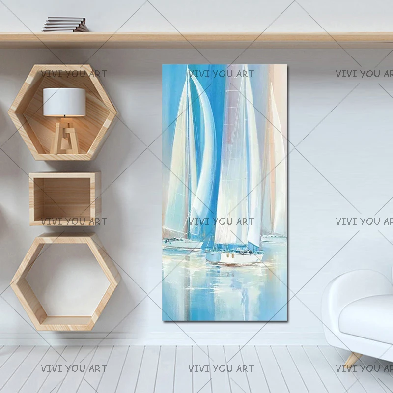 Новое поступление красивая картина ручная роспись высокого качества Whit и Blue Sailboat