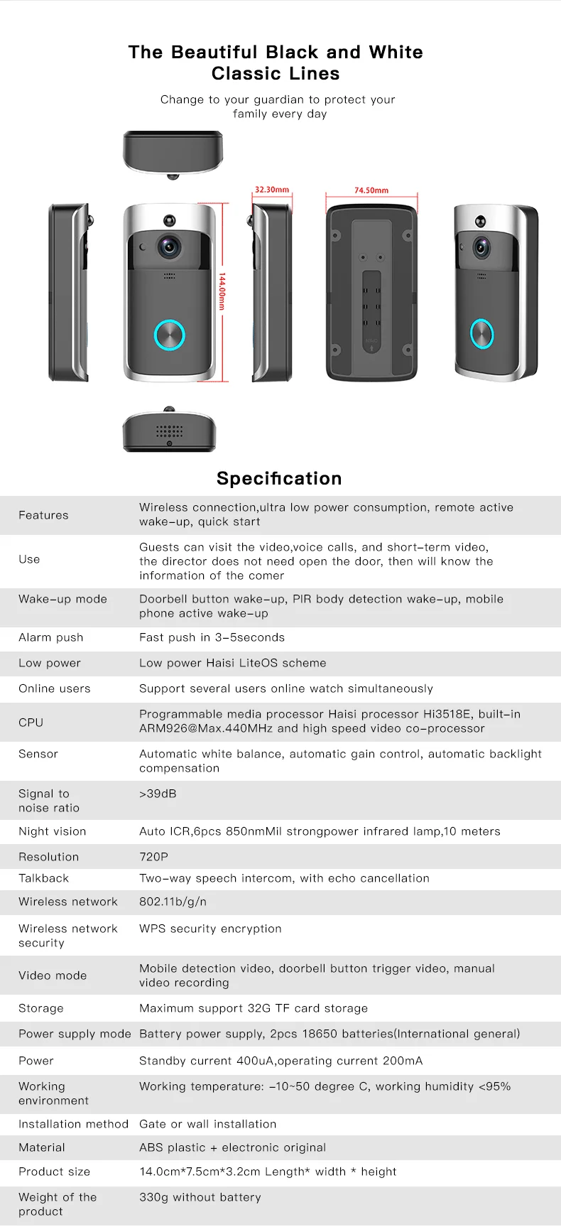 WiFi беспроводной охранный ИК-сигнал, дверной звонок HD 720 P, визуальный домофон, запись видео, телефон двери, удаленный домашний мониторинг, ночное видение