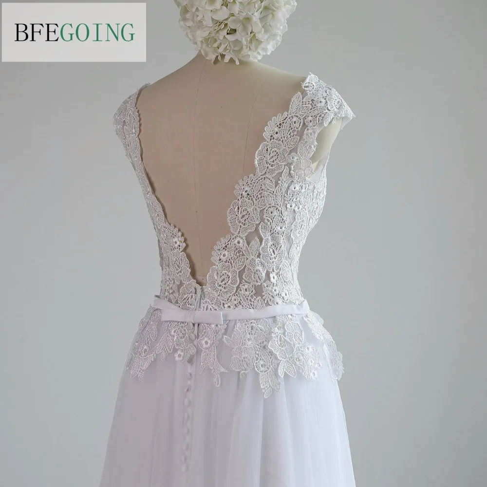 

White Tulle Lace Sheath Wedding Dresses Floor-Length V-Back Sleeveless Bridal Gown Real/Original Photos Custom made