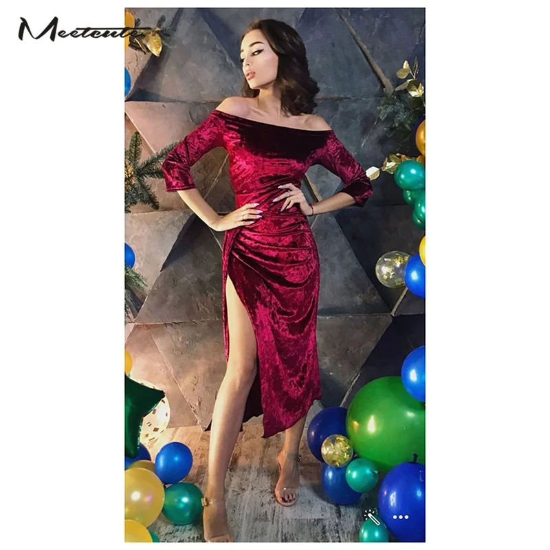 Meetcute New Winter Side Slit Velvet Dresses Woman Wine Red Vintage Dress Off Shoulder Slim Split Elegant Evening Party Vestidos | Женская