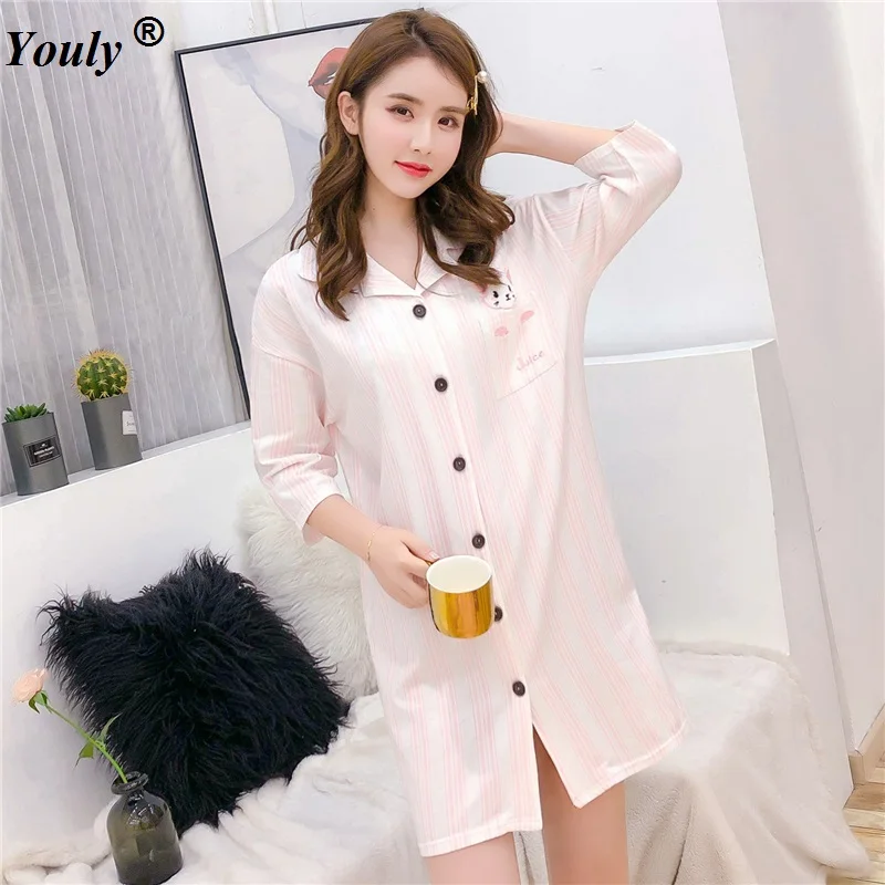 Cotton Striped Cardigan Casual Nightdress Women Cute Cartoon Sexy Nightgowns Sleepshirts Female Homewear Dress Nightgowns