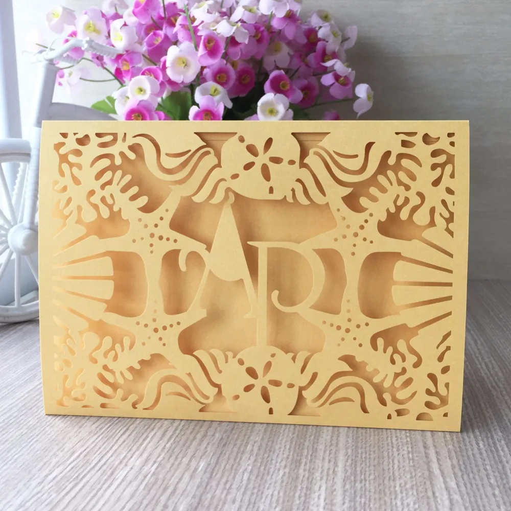 

100pcs/lotnew arrival laser cut paper cards with sea star & shell decoration for wedding invitation card can be custom initinals
