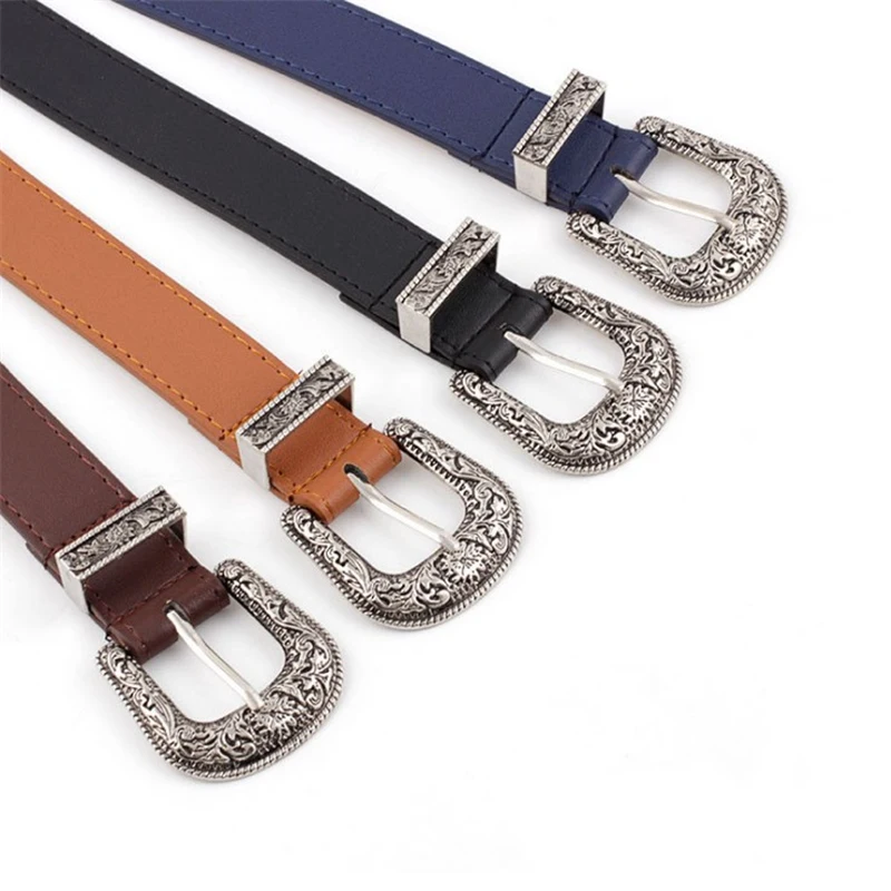 

2019 Fashion Belts for Women Retro Vintage Carved Buckle Design Pin Buckle Imitation Leather PU Waist Belt
