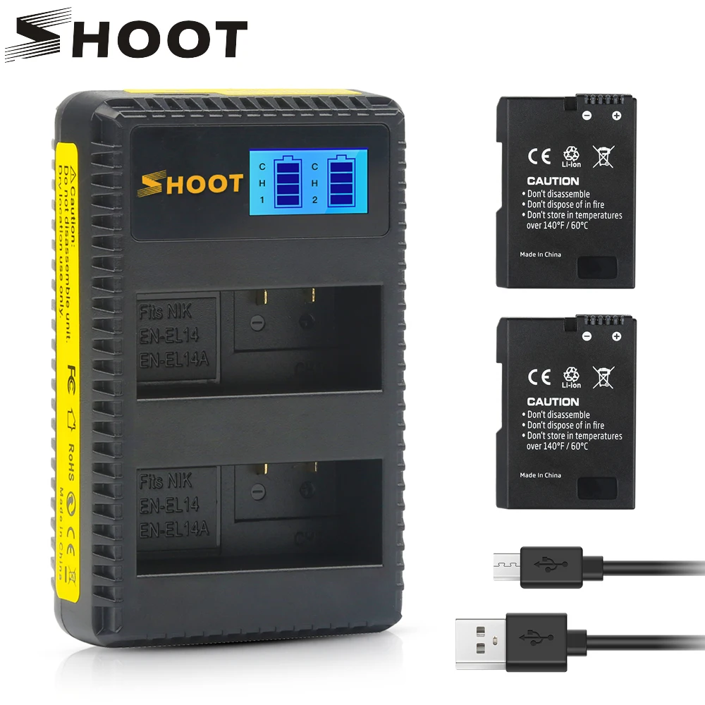 SHOOT 2 шт. 1100 мАч EN EL14 батарея + LCD USB двойное зарядное устройство для Nikon D3100 D5100 D5300