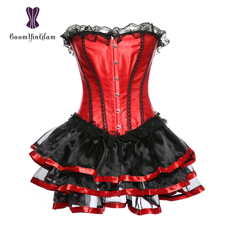 

Free shipping plus size lace up boned corset top women bustiers & corsets red corset skirt set with G string 036#