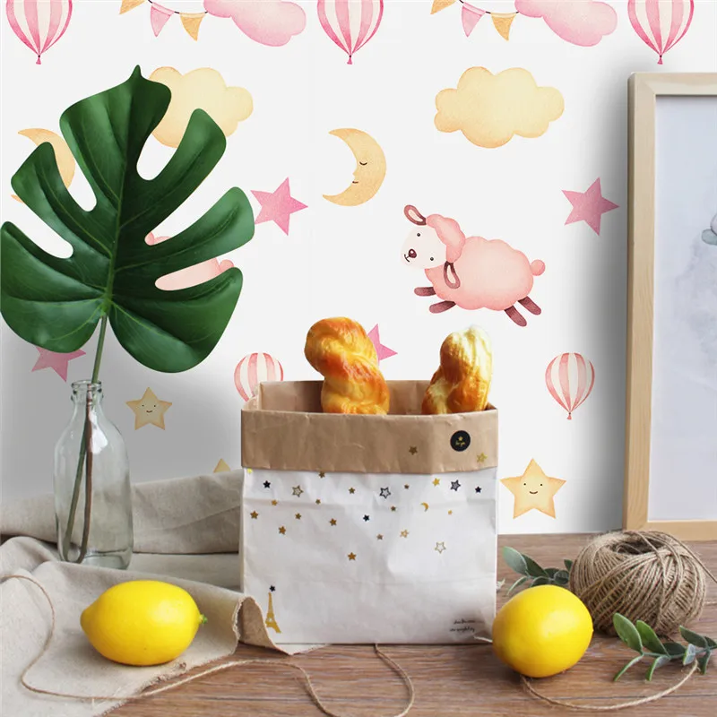Sweet Warm Pink Sheep Balloon Wall Sticker Nordic Style Children House Decorative Wallpaper Self-adhesive Wardrobe Surface Decor | Дом и сад