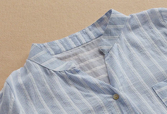 

Blouse Shirt Female Cotton Linen 2018 New Summer Stripe Casual roll up Half Sleeve Shirts Loose Women Tops Ladies Clothing