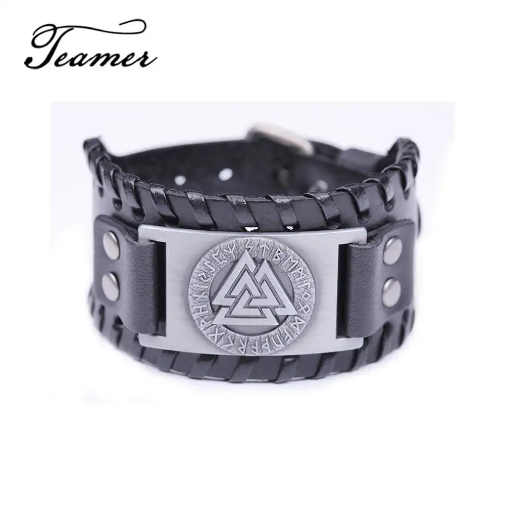 Мужской кожаный браслет Valknut Amulet бренд Teamer славянский нордические руны