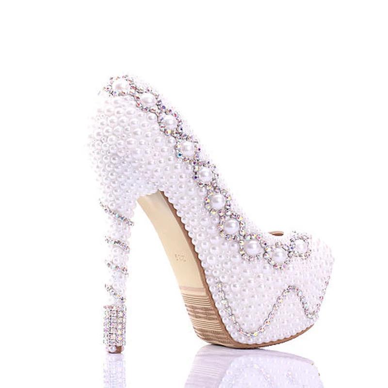 Свадебные туфли с белым жемчугом Коктейльные лодочки чистый белый цвет под заказ