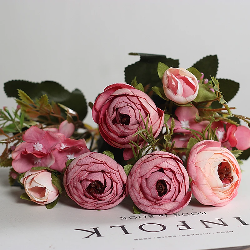 rose red Осенние искусственные Чайные розы, шелковые цветы герберы, ромашки, искусственный цветок из пластика для свадьбы, аксессуары для дома, украшение комнаты - Цвет: rose red