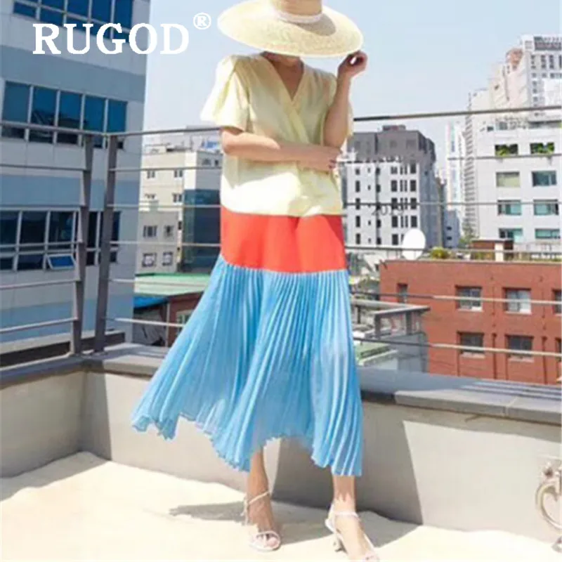 RUGOD корейское шифоновое Лоскутное Длинное Макси платье для женщин модное летнее платье с v-образным вырезом для вечеринок vestidos женская одежда