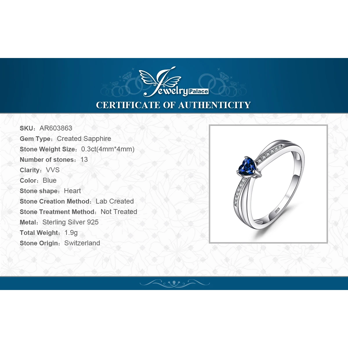 Jewelrypalace любовь сердце 0.38ct создан сапфиры Обручение кольцо для Для женщин 925