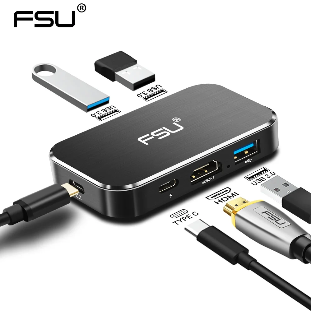 Usb-концентратор FSU 4K 60HZ USB C на HDMI адаптер 100W зарядка PD 3USB 3,0 разъем для MacBook huawei mate 20 P20