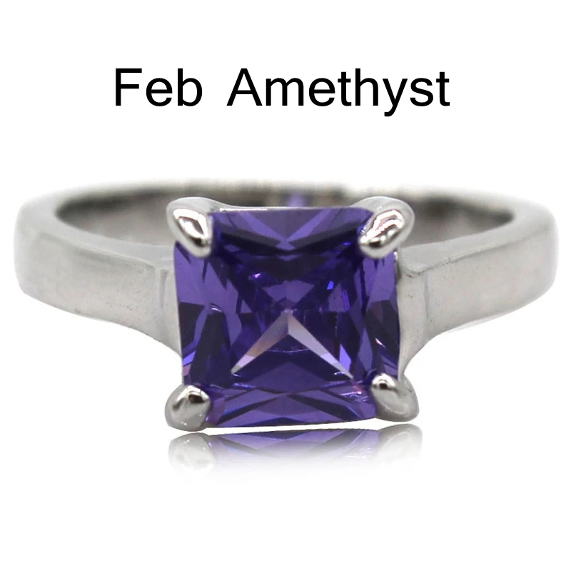 Feb Amethyst Размер 3-12 кольцо с камнем рождения Пасьянс Свадьба Помолвка Коктейльные дети подарки на день рождения для девочек годовщина, обещание предложение - Цвет основного камня: Feb Amethyst