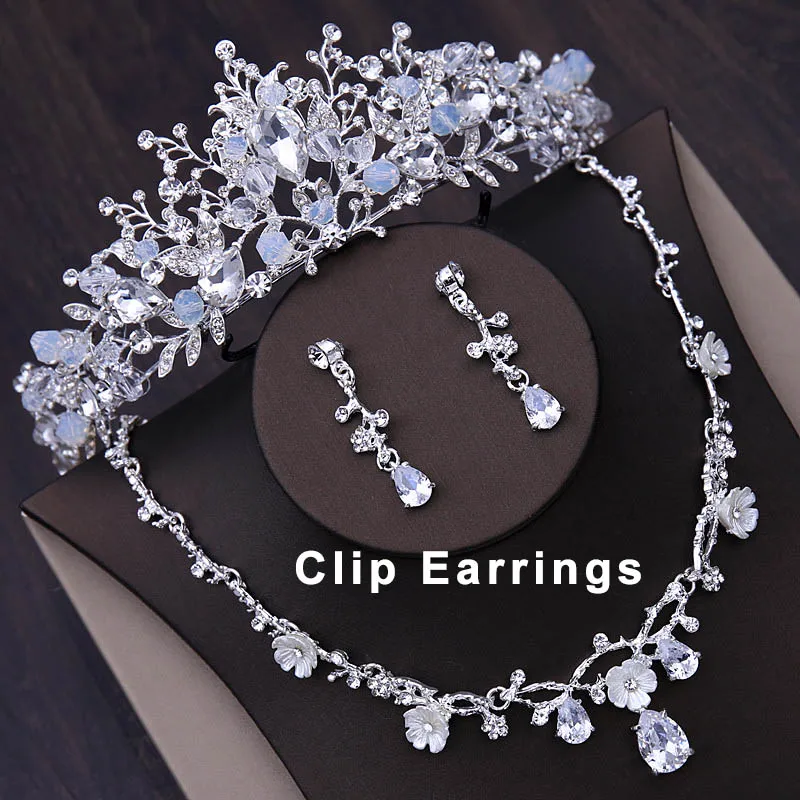 Tiara Necklace Clip Свадебные Ювелирные наборы для невесты, Корейская тиара, кубический цирконий, ожерелье, серьги, кристалл, аксессуары для волос, женский головной убор принцессы - Окраска металла: Tiara Necklace Clip