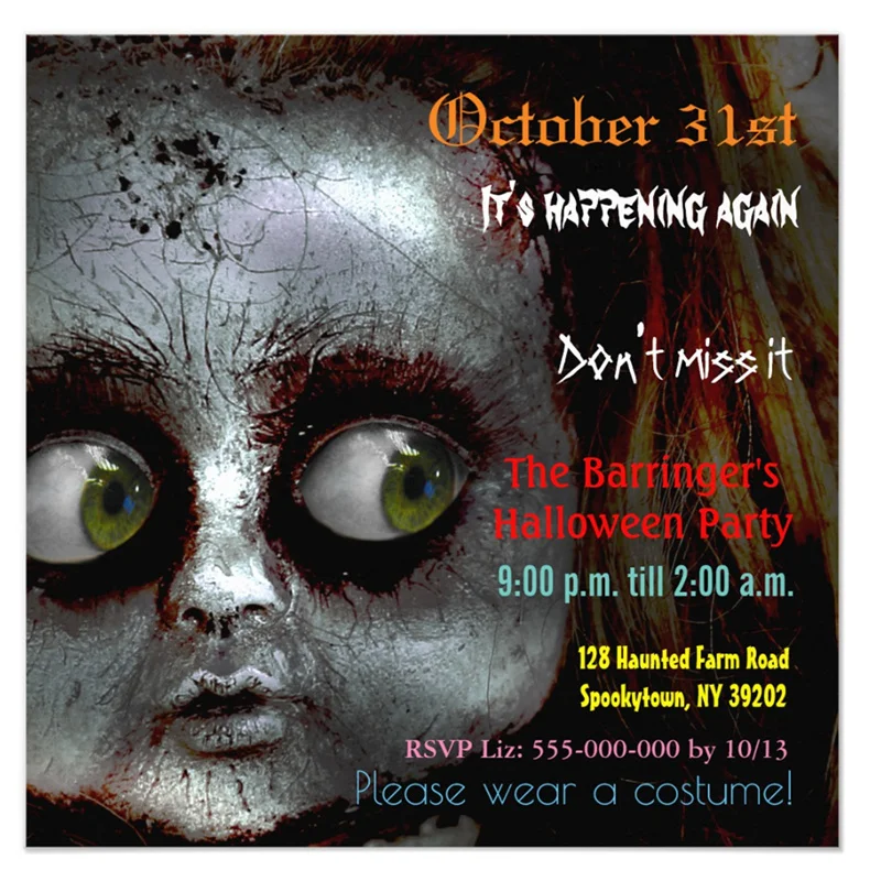 

Personalized Afraid Doll Scary Halloween Semi Gloss Invitation