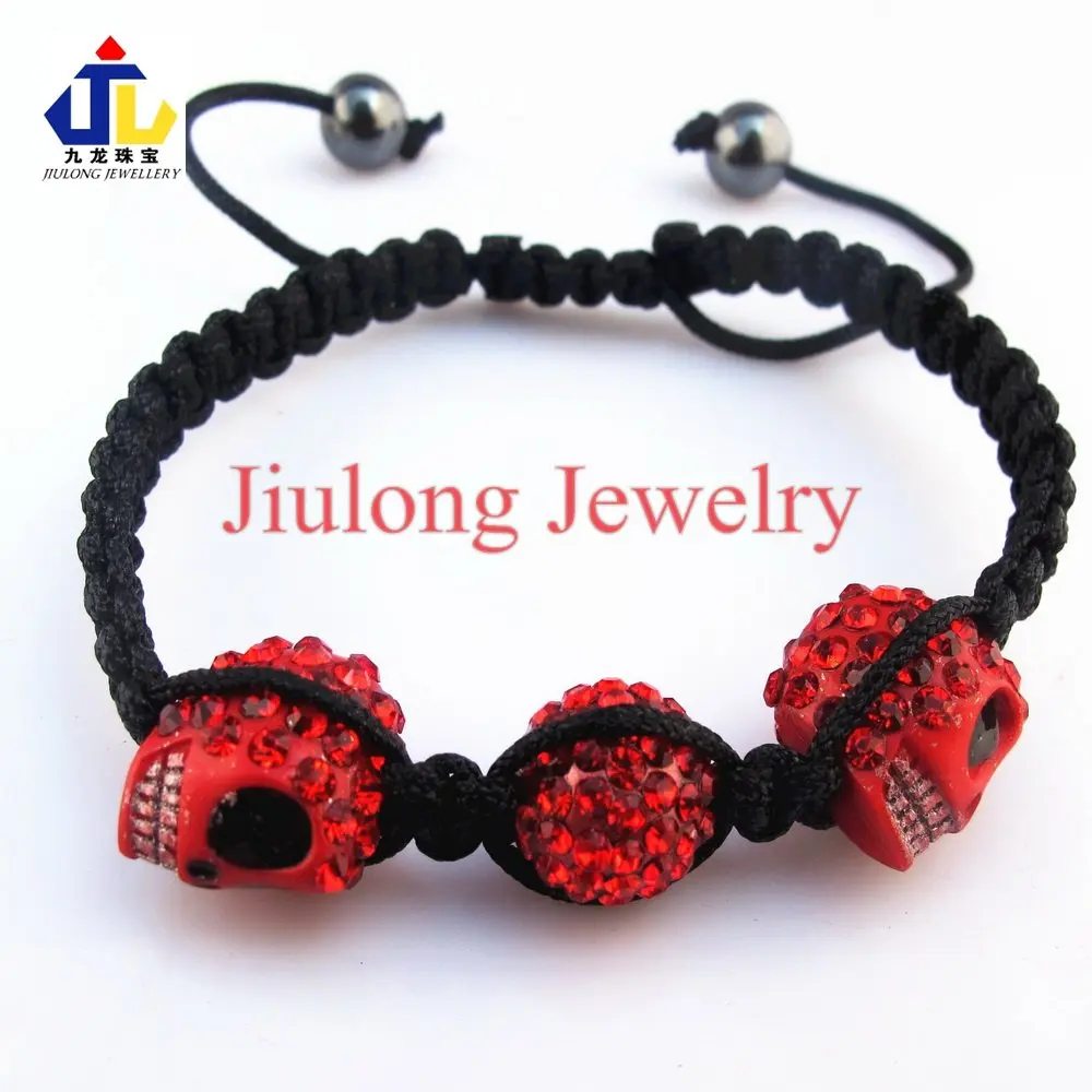 12pcs/lot red tone Micro pave CZ crystal flat skull 2balls connect clay charm bracelet wholesale jewelry.Free shipping.KB024|jewelry purse|jewelry