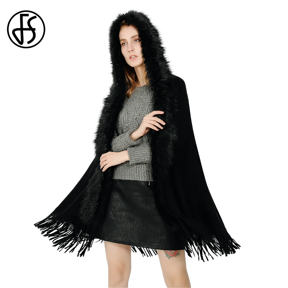 

FS Winter Warm Fur Collar Hood Scarf Cashmere Ponchos And Capes Big Blanket Scarves Women 2018 Lady Shawl Pashmina With Tassel