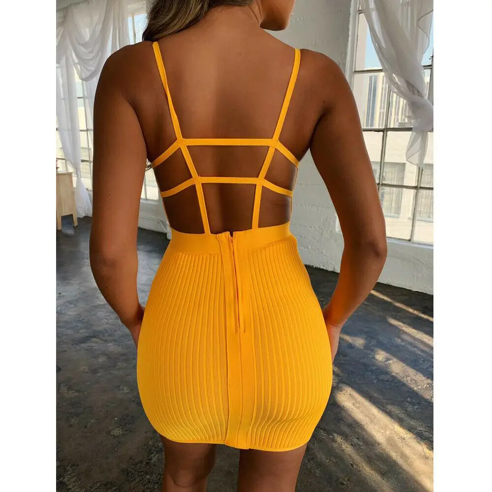 Hollow out 2019 New Mini Kint Dress Women Sexy Straps Slim Fit Bodycon Party Neon Black Orange Summer Dreses | Женская одежда