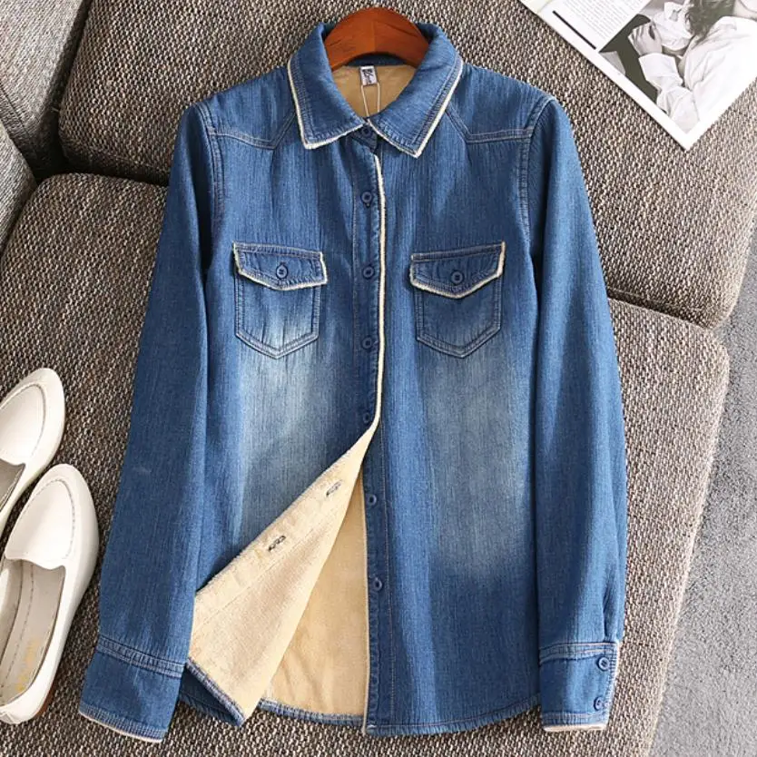

2020 winter fashion warm Plus velvet denim shirt Thicken turn down collar blouse plus size 2XL