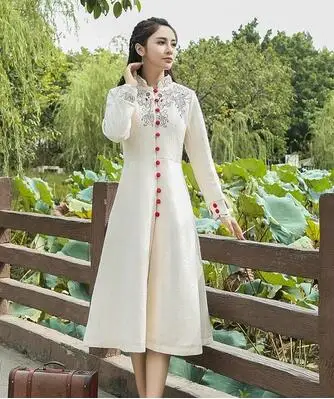 Off white Add cotton Стильная одежда, Женское шерстяное пальто с вышивкой, длинное зимнее пальто, Ретро стиль, новинка, имитация кашемира, элегантная верхняя одежда, B4173 - Цвет: Off white Add cotton