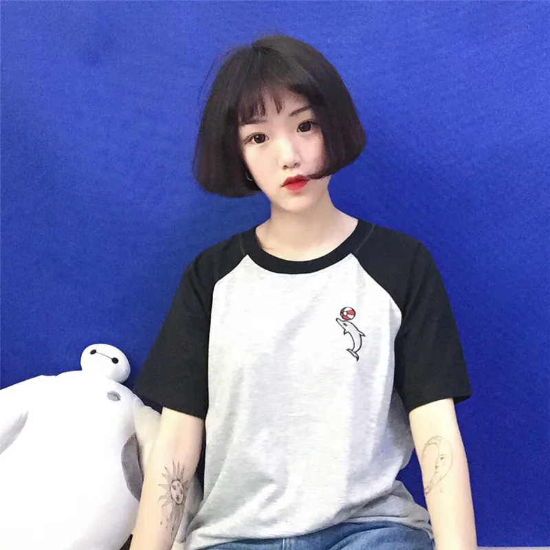 Женская Япония Ulzzang Harajuku вышивка футболка с дельфином Студенческая женский