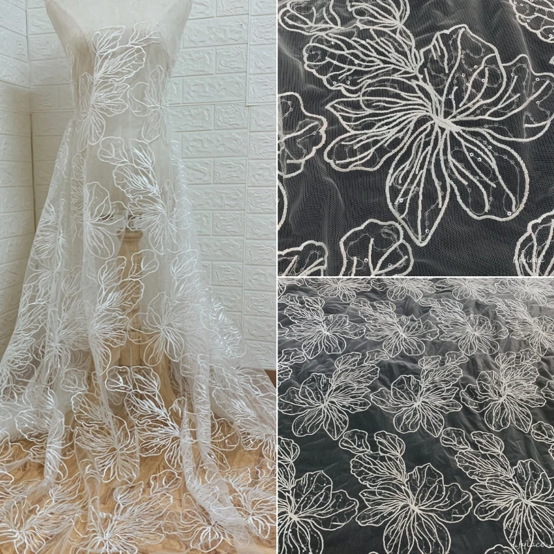 

1 Yard 130 cm wide off white Big flower gorgeous tulle mesh sequins embroidery wedding gown French Africa lace fabric