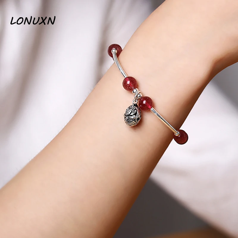 

handmade lotus Natural semi-precious stones strawberry pink pink crystal single female 925 sterling silver lovers best gift