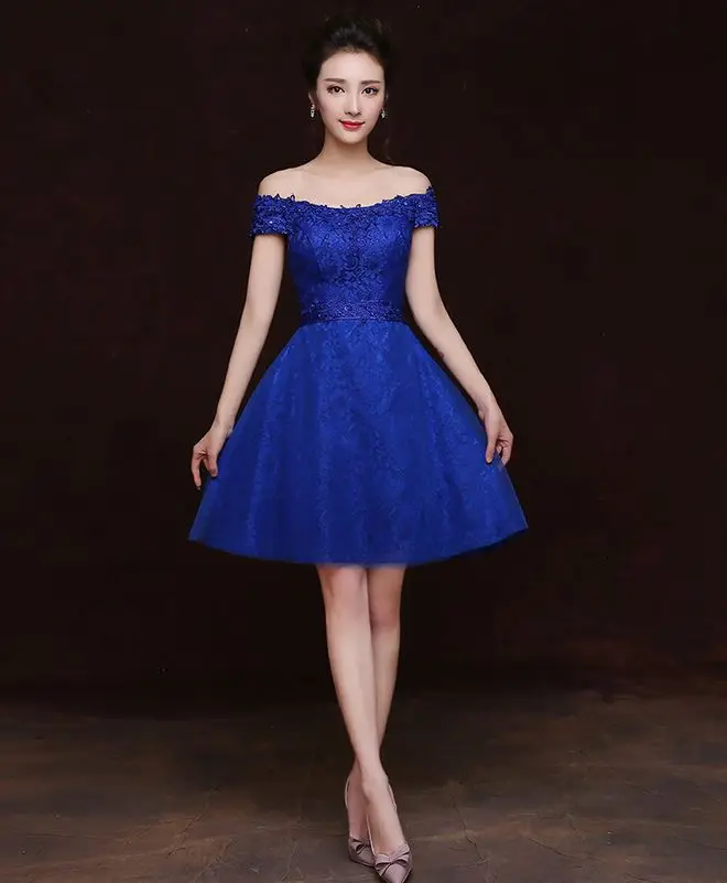 Royal blue Ла звезда mar robe demoiselle d'honneur2019 кружевной вырез лодочкой короткий рукав трапециевидной формы королевский синий короткое платье подружки невесты Дешевые - Цвет: Royal blue
