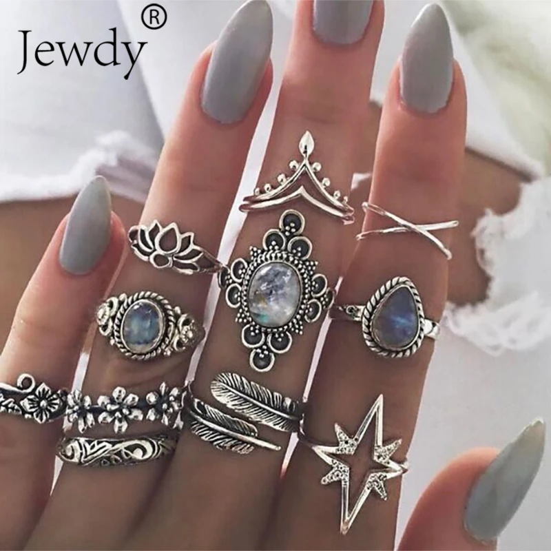 0736 50 стилей Boho Панк для женщин полые треугольные капли воды стрелка солнце драгоценный камень кристалл набор серебряных колец личность девушка ювелирные аксессуары - Цвет основного камня: 0736