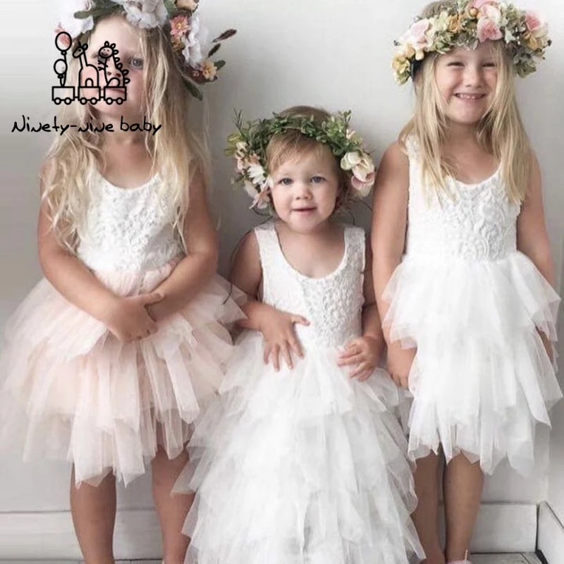 

Summer Girls Dresses 2019 Girls Clothing White Beading Lace Mesh Fluffy Dress Princess Party Dress Elegant Ceremony Girl Costume