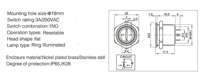 Металлическая кнопка со светодиодной подсветкой 19 мм | Обустройство дома
