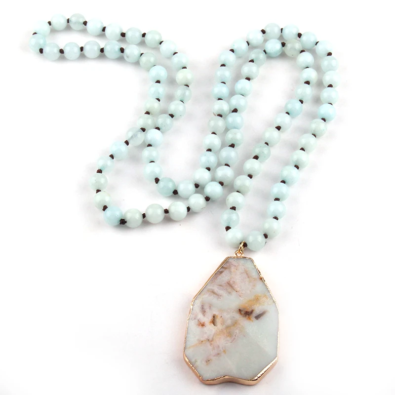 

Fashion 8mm Natural Zebra Knotted Stones with Stone Square Pendant Handmade Necklace Women Jewelry