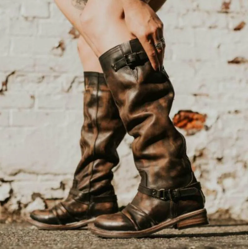 Женские сапоги до колена chaussure массивный низкий каблук Женская обувь с ремешками
