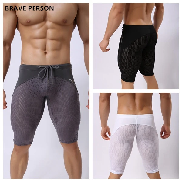 

BRAVE PERSON Mens Elastic Trunk Shorts Tight Skinny Knee Length Board Shorts Comfort Breathable Mesh Boardshorts Brand Clothing
