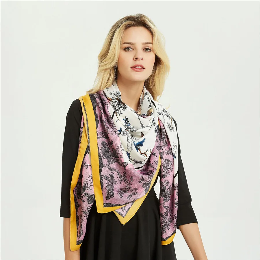 Summer Silk Twill Pashmina New Animal Forest Square Echarpe 130cm Oversize Chic Shawl Elegant Scarves Female Kerchief Print Wrap |