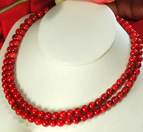 

Double Strands of Red Coral Silver Clasp Necklace