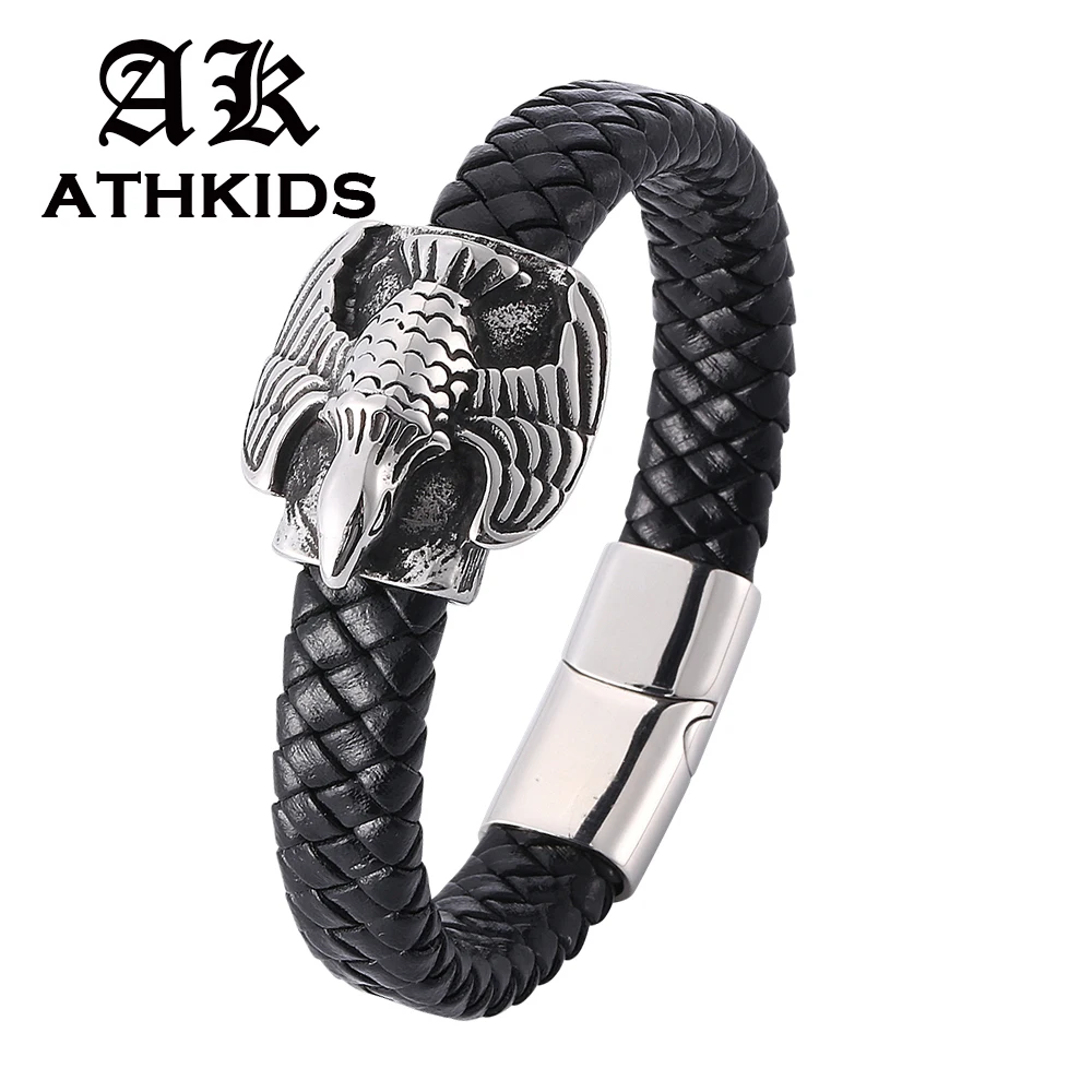 

Punk Men Jewelry Eagle Stainless Steel Magnetic Buckle Black Woven Leather Rope Bracelet Fashion Bracelet Wrist band Gifts PD790