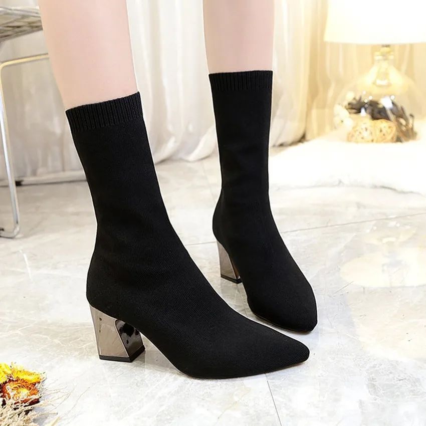 

NEW women fashion mid calf boots for spring autumn pointed toe high heel black solid lady stretch fabric knitting Socks shoes