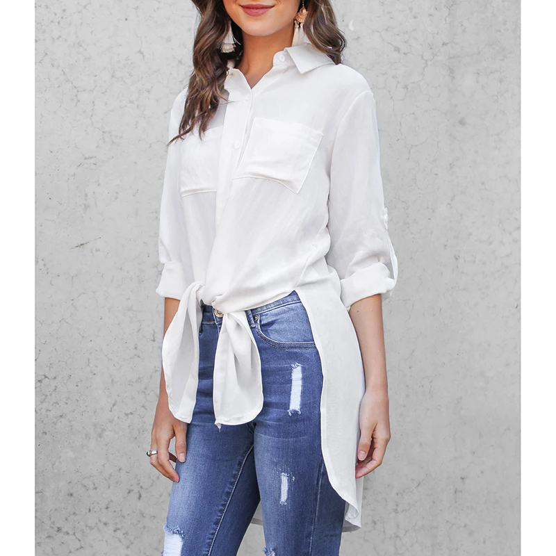Elegant Solid White Blouses Long Sleeves Adjust Women 2018 And Top Casual Streetwear Ladies Tops WS9951K |