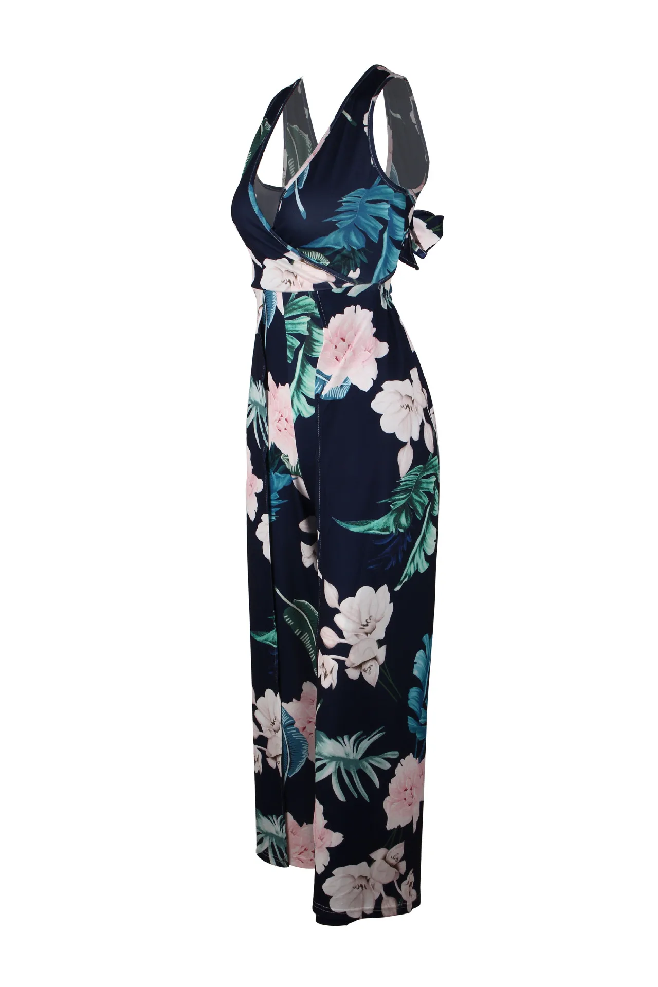 Sexy Deep V Neck Elegant Vintage Beach Jumpsuit Summer Backless Bow Wide Leg High Split Straight Casual Women Romper Jumpsuit
