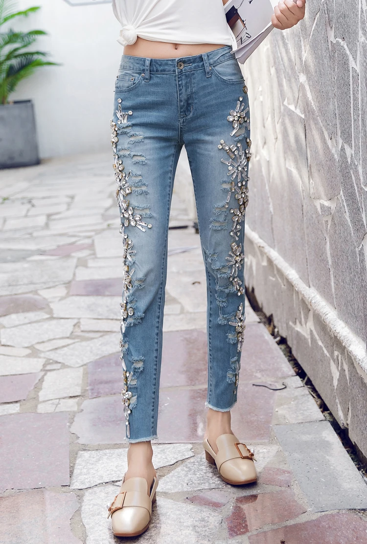 Женские джинсы карандаш винтажные облегающие брюки со стразами|diamond jeans|jeans beadswomen
