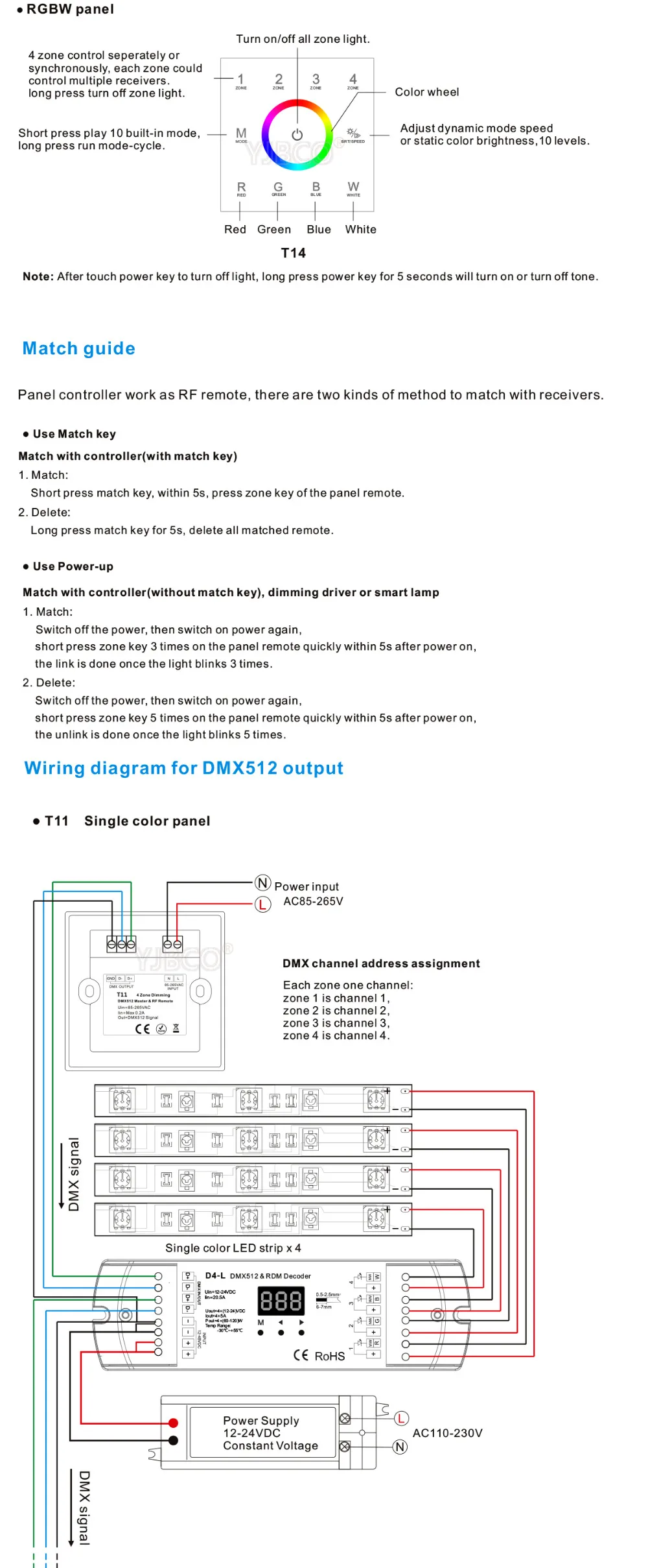 T11/T12/T13/T14 сенсорный Панель 4 зоны RGB DMX512 мастер& RF пульт дистанционного управления для одного цвета/цветовая температура/RGB/RGBW Светодиодная лента
