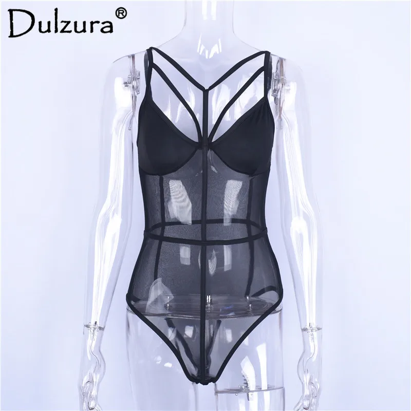 

Dulzura see throught mesh patchwork sexy women backless bodysuit 2018 summer sleeveless black body
