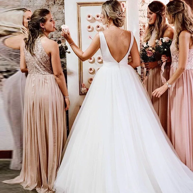 

New A Line Wedding Dresses Sleeveless Bow Bride Dresses Backless Bridal Gowns Train Robe De Mariee