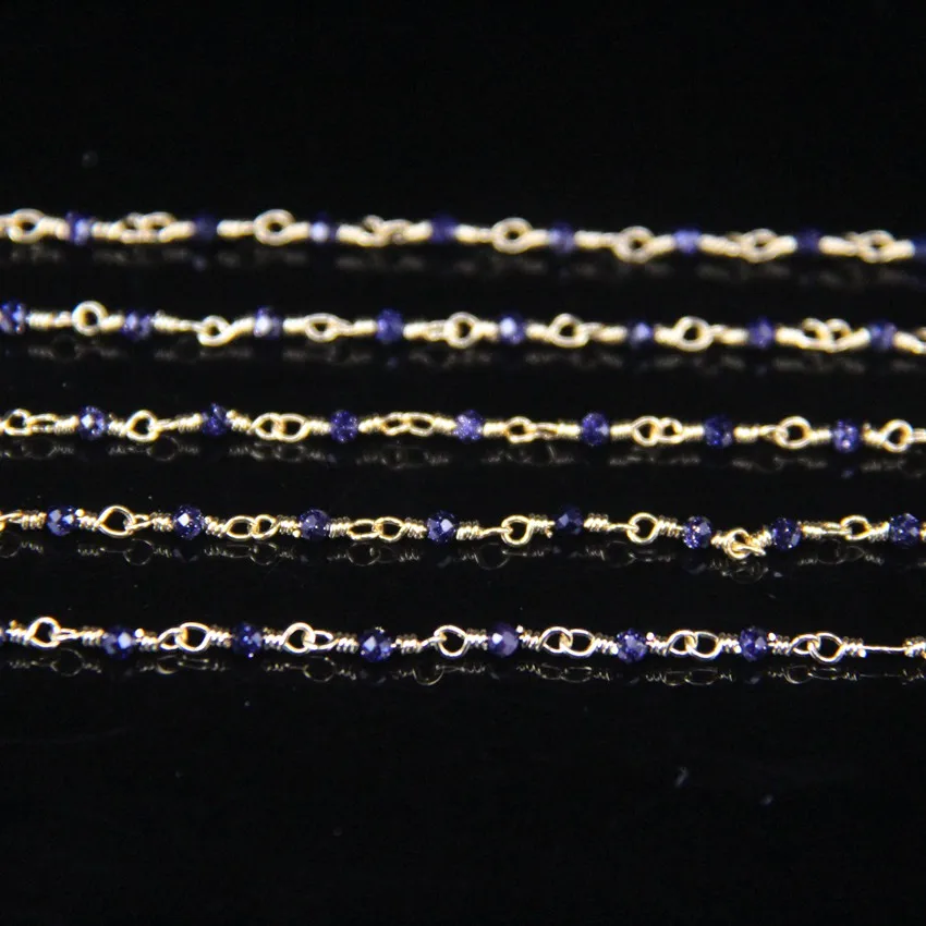 5Meter Blue Goldstone 2mm Faceted Round Beads Rosary Chain,Plated Gold Brass Wire Wrapped Gems Necklace Bracelet Sweater Chains
