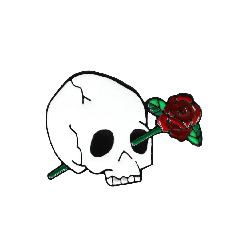 skull Готический Белый Череп Роза брошь с дизайном «скелет» ребра цветок смерти Любовь Эмаль Булавка кожаный значок пара Хэллоуин Ювелирные изделия Подарки - Окраска металла: skull