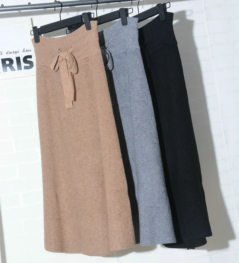 Зимние уплотненные длинные юбки из кроличьей шерсти, кашемировые, с поясом, трапециевидные, вязаные, теплые, однотонные, с поясом, вязанные, длинные юбки до щиколотки