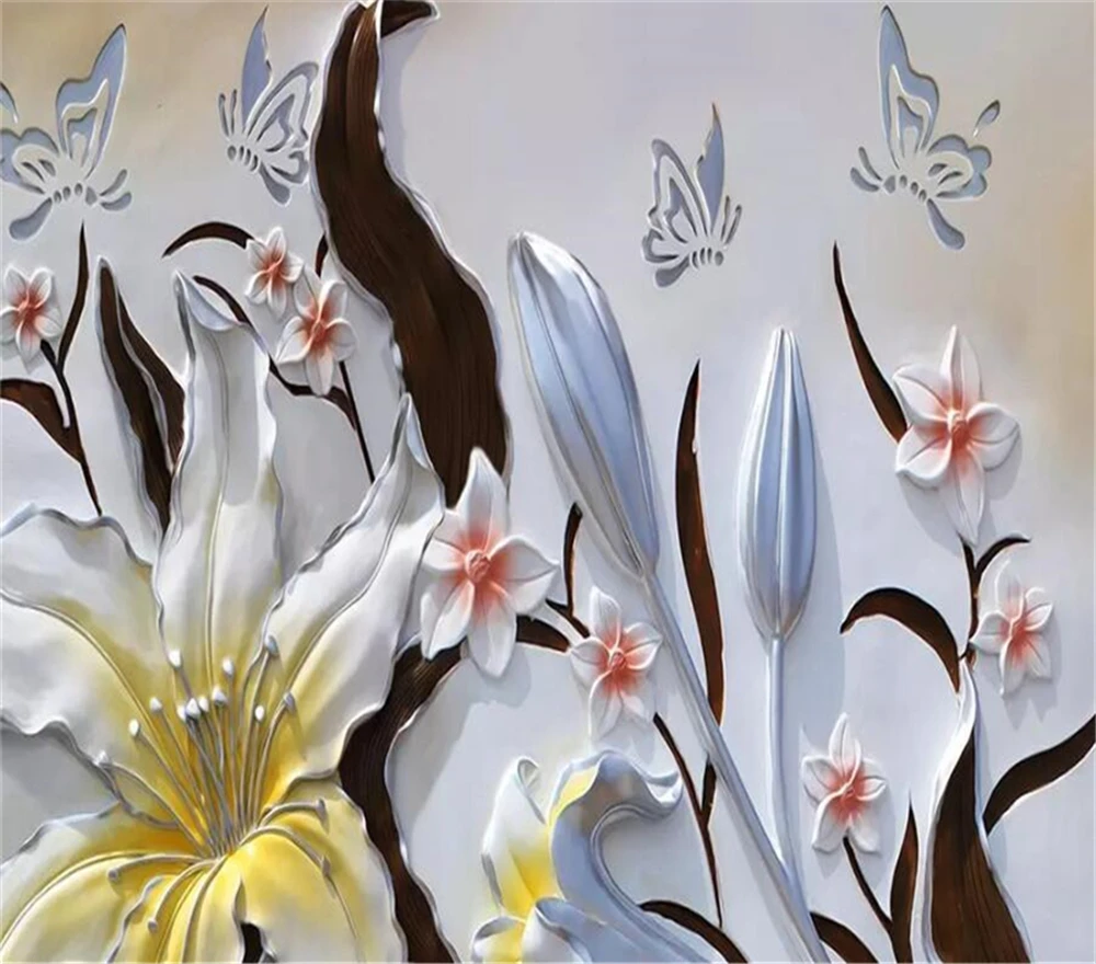 Decorative wallpaper Relief lily butterfly flower 3d background wall | Обустройство дома